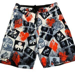 Unit Riders Board Shorts Swim Trunks 32 White Graffiti Pocket Drawstring Surf